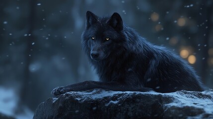 A black wolf lounges on a snow-covered rock in a dark, wintry forest © Dmitriy