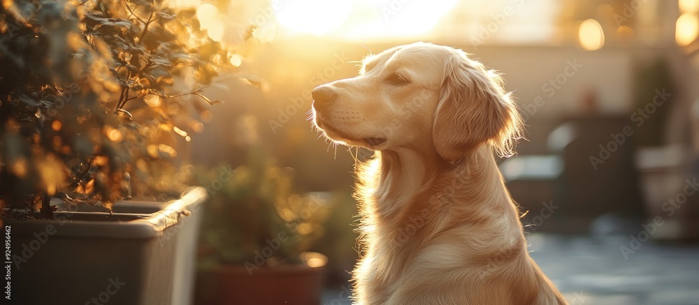 Poster an adorable family dog enjoying the sunshine. with copy space image. place for adding text or design