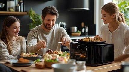 Family Enjoying Meal Prepared by Automatic Cooking Machine,Modern Domestic Convenience