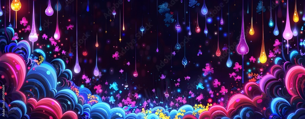 Poster abstract digital landscape with glowing data points and colorful sound waves