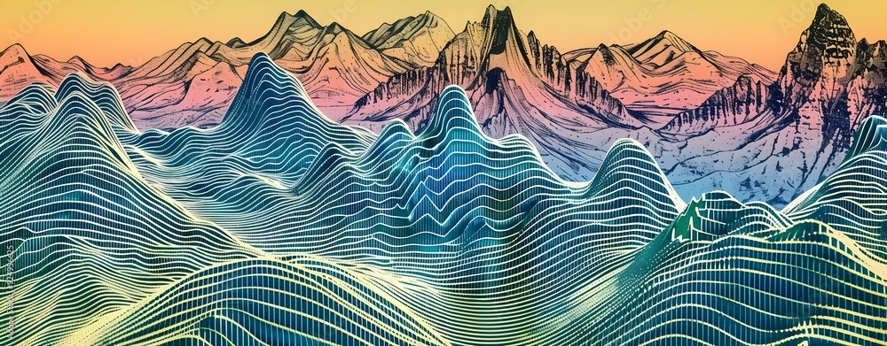 Poster abstract digital background with glowing waves and data points forming mountains representing power 