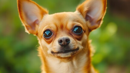 Adorable Chihuahua Puppy With Big Brown Eyes - A close-up portrait of a small, adorable chihuahua puppy with big brown eyes looking directly at the camera. The dog is in focus, while the background is
