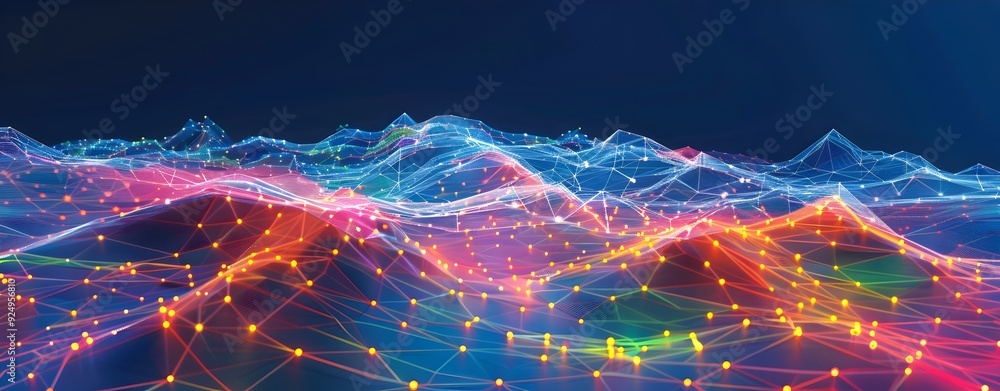 Poster Growth in Technology and Business Data Visualized as an Illuminated Mountain Range of Colorful Waves and Glowing Lines