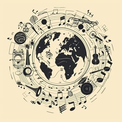 Fototapeta premium a globe surrounded by connected music notes and musical instruments, vector style, single color, simple lines ,generative ai