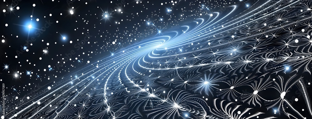 Poster abstract blue background with glowing lines and light particles in motion