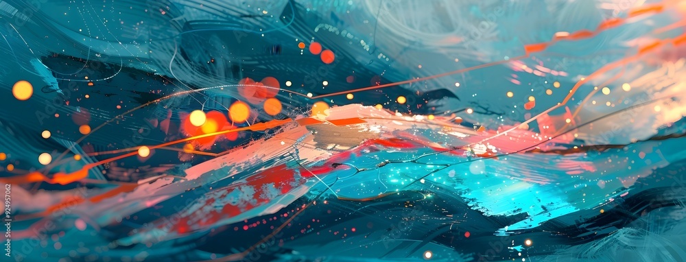 Poster abstract blue background with glowing lines and light particles data flow visualization in futuristi
