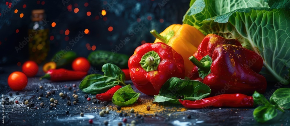 Poster dark food backdrop featuring cabbage leaves red pepper and spices. with copy space image. place for 