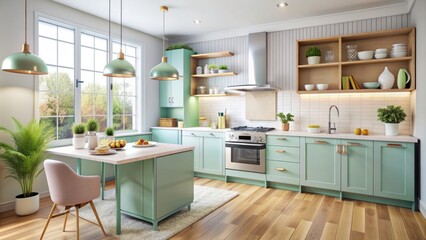 Fototapeta premium Cozy pastel hues evoke warmth amidst frosty kitchen appliances in modern home setting