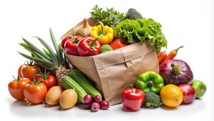 Fresh seasonal vegetables and fruits spill out of a paper bag on a clean white background, showcasing a healthy food delivery or grocery shopping concept.