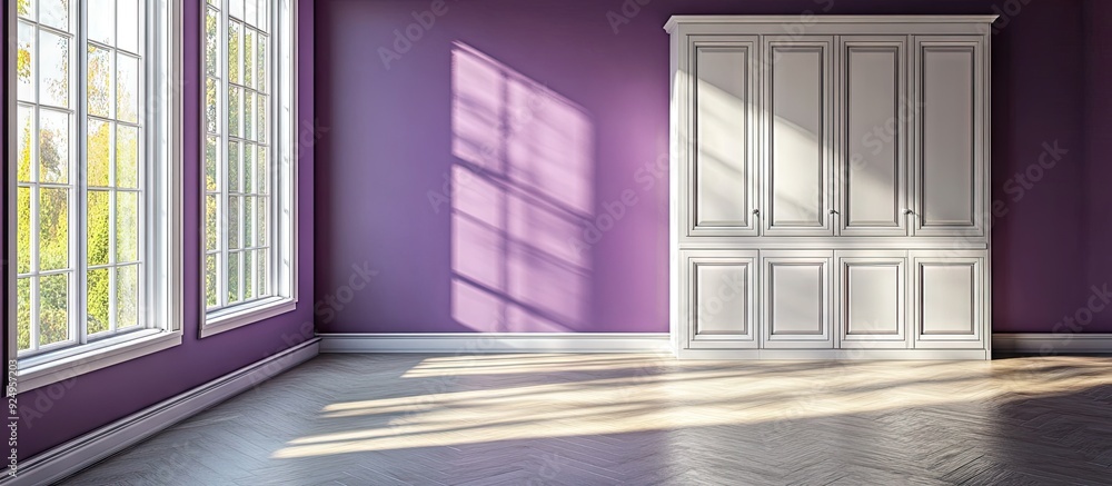 Poster empty room featuring purple painted walls a stoneware floor a built in wardrobe with painted doors a