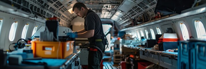 A dedicated mechanic is seen working inside an aircraft interior, focusing on essential repairs, surrounded by various tools and equipment.