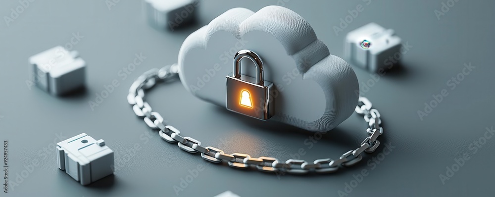 Poster a secure cloud storage concept with a padlock and chain, representing data protection and digital se