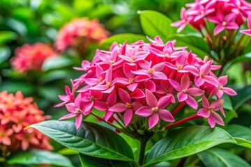 Fototapeta premium Vibrant pink Bunga Pacar Air flowers bloom among lush green foliage in a serene garden setting, showcasing delicate petals and ornate centers.