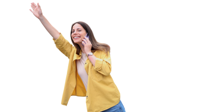 Beautiful, young woman standing on the street, talking on mobile phone and calling a taxi	
