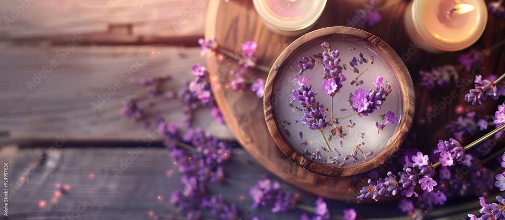Poster lavender treatment on a wooden surface. with copy space image. place for adding text or design