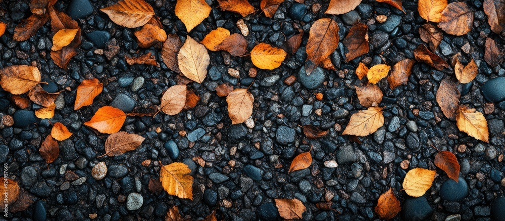 Poster fallen leaves on the gravel of the riverbank viewed from directly above full frame image. with copy 