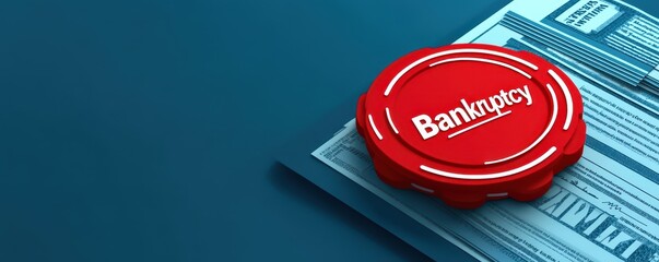 Red "Bankruptcy" stamp placed on top of financial documents against a teal background, symbolizing financial distress and legal proceedings.