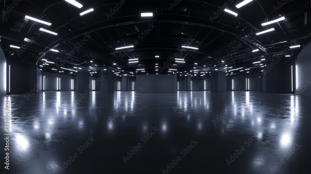 Poster a 360-degree full panorama of a black minimalistic studio environment, featuring bright lights and r