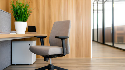Fototapeta premium Modern office interior featuring a stylish ergonomic chair, sleek desk, and decorative plant, creating a productive workspace.