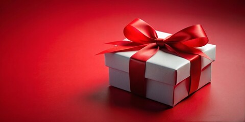 Obraz premium isolated empty white gift box with elegant red ribbon tied in a bow, against a bold red background, perfect for product placement or advertising.