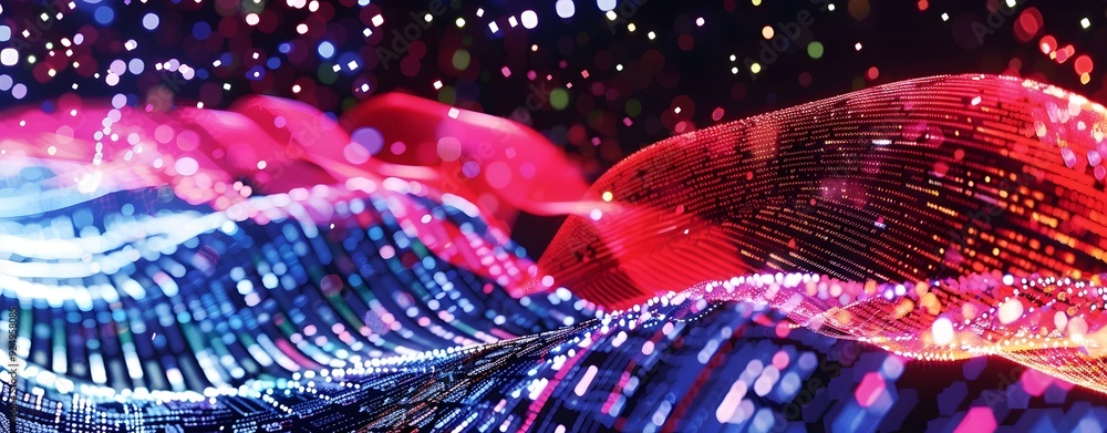 Poster futuristic digital background with luminescent wave of light particles and data concept
