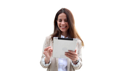 Naklejka premium Young businesswoman working on a tablet
