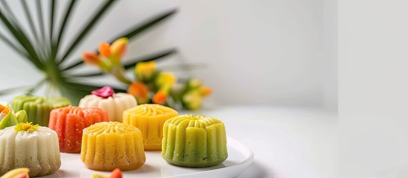 Malaysian cakes or kuih muih on a white background with a selective focus and blur. with copy space image. Place for adding text or design