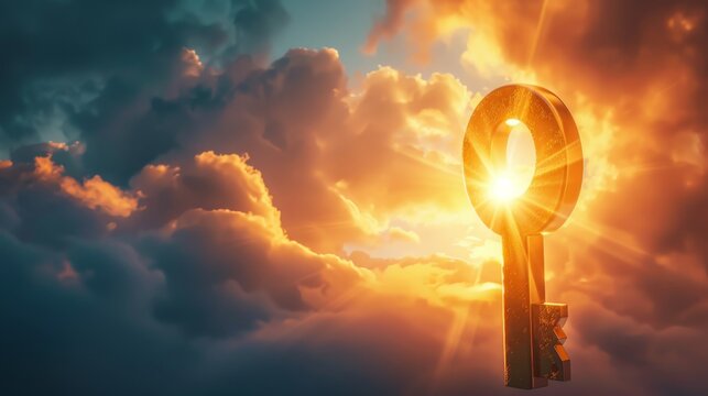 A shining golden key appears in the sky, bathed in glorious sunlight, symbolizing unlocking potential, hopes, dreams, and the essence of opportunities and new beginnings.