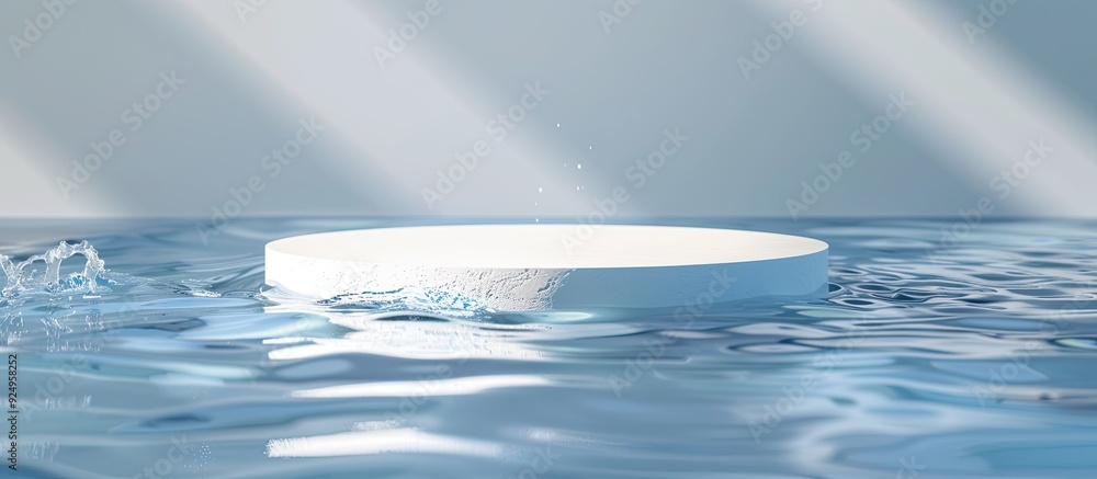 Poster empty white circular podium on transparent calm blue water with splashes and waves in sunlight abstr