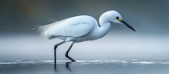 Obraz premium A small white Little Egret is standing in the water searching for food It has black legs and a black beak The image includes copy space