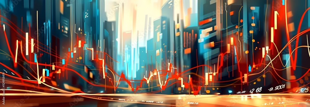 Poster abstract digital background with glowing data points and lines representing market and global tradin