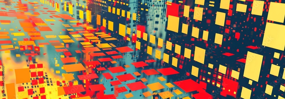 Poster digital data blocks and neon lights symbolizing technological future and business innovation