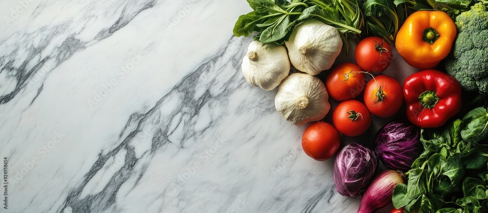 Poster vegetables on a marble surface. with copy space image. Place for adding text or design