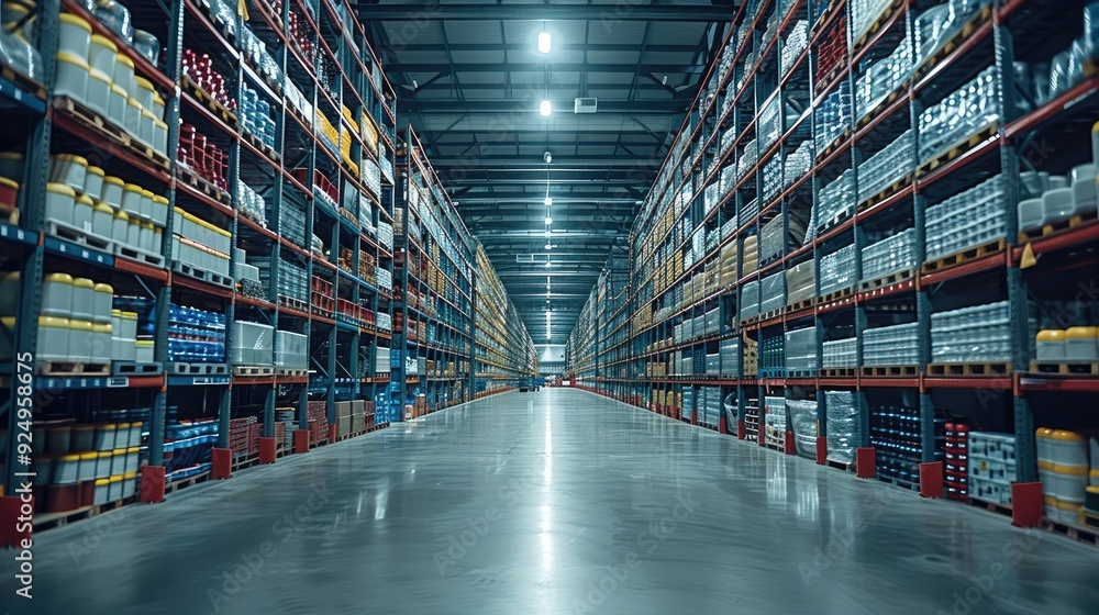 Poster a large industrial warehouse with rows of shelves filled with products. generative ai.