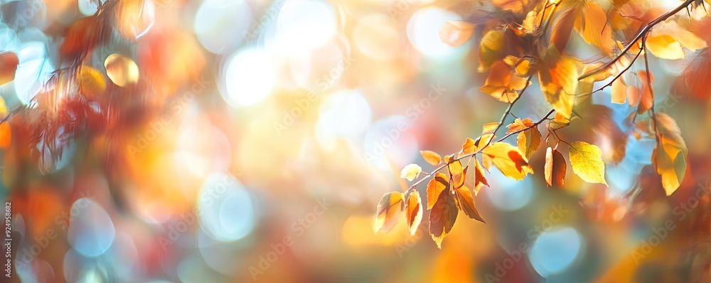 Poster captivating autumn leaves illuminated by soft sunlight, creating a warm and inviting atmosphere. per