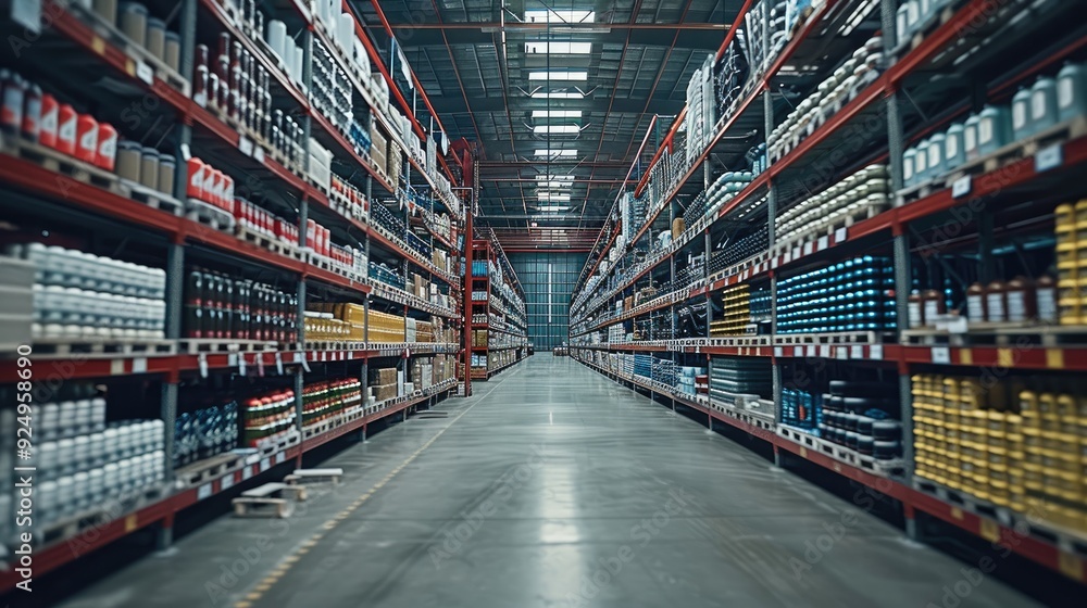 Poster a large industrial warehouse with rows of shelves filled with products. generative ai.