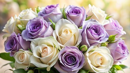 Delicate white and purple roses bloom together in a beautiful bouquet, symbolizing love, elegance, and sophistication against a soft, gentle background.