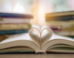 Fototapeta premium An open book with pages folded into a heart shape, surrounded by more books. National Read a Book Day Concept