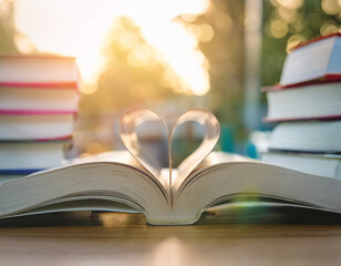 An open book with pages folded into a heart shape, surrounded by more books. National Read a Book Day Concept