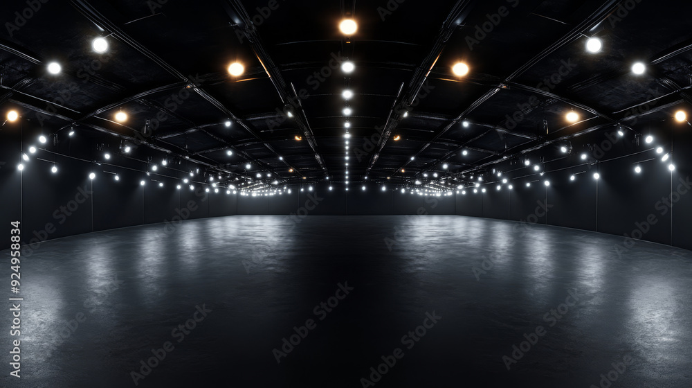 Wall mural A 360-degree full panorama of a black minimalistic studio environment, featuring bright lights and reflections. The 3D render includes HDRI (High Dynamic Range Imaging) for virtual reality or HDR.