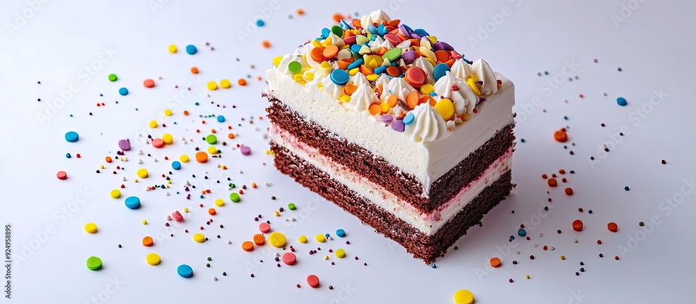Poster A blank cake with vibrant rainbow cream on a white background adorned with colorful sprinkles and drizzled with chocolate Simple minimalism. with copy space image. Place for adding text or design