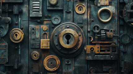 Fototapeta premium detailed close-up of various vintage mechanical locks and gears with a rustic patina
