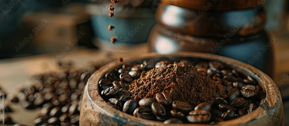 Poster raised perspective of a coffee mill with ground coffee atop coffee beans. with copy space image. pla