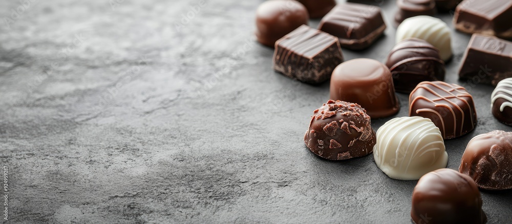 Aufkleber various chocolate candies on a gray concrete background side view copy space
