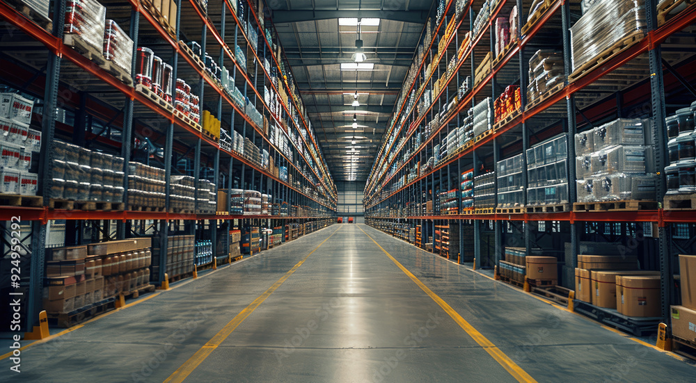 Poster a large industrial warehouse with rows of shelves filled with products. generative ai.