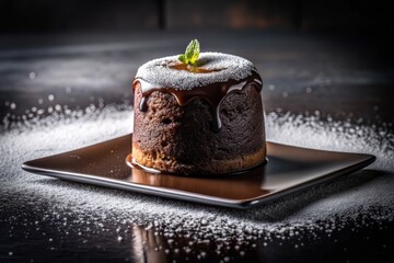 Dramatic high contrast black and white photo of chocolate lava cake with deep shadows and bright highlights on sleek modern glass table