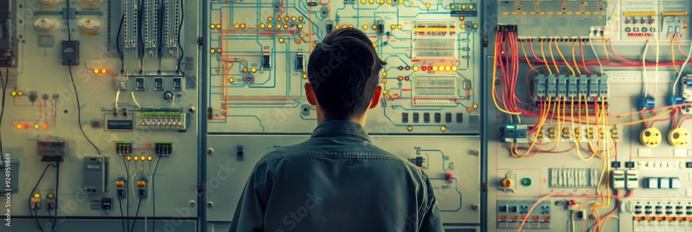 Poster an engineer stands before a sophisticated control panel covered with wires and lights, analyzing and