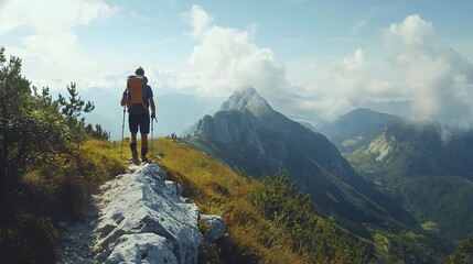 Hiker Pausing on Mountain Trail to Enjoy Breathtaking Panoramic Vistas and Fresh Air