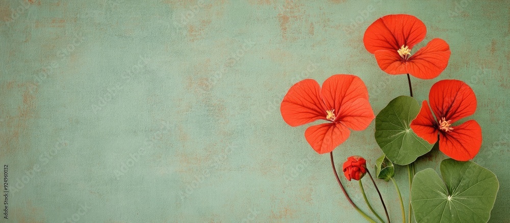Aufkleber square fashionable aged textured paper background featuring tropaeolum majus the garden nasturtium. 