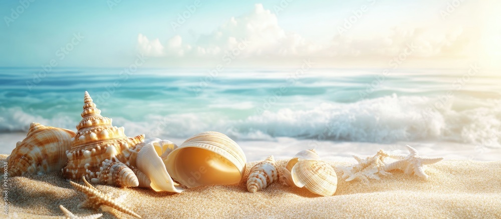 Poster lovely sea shells on a sandy shore. with copy space image. place for adding text or design